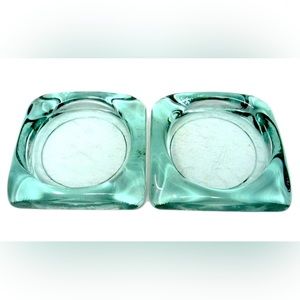 Vintage Green Glass Square Ashtrays - Catch-all Bowls / Vintage Glassware